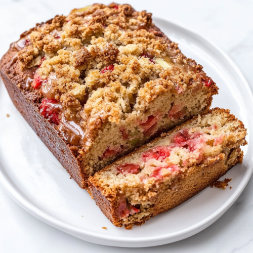 strawberry-rhubarb-bread-loaf-on-a-white-plate-with-a-slice-cut