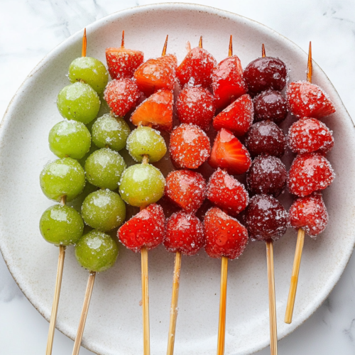 This image shows a plate of beautifully glossy Tanghulu, featuring sugar-coated strawberries and grapes on skewers. The hardened candy shell glistens under the light, giving the fruit a vibrant, jewel-like appearance.