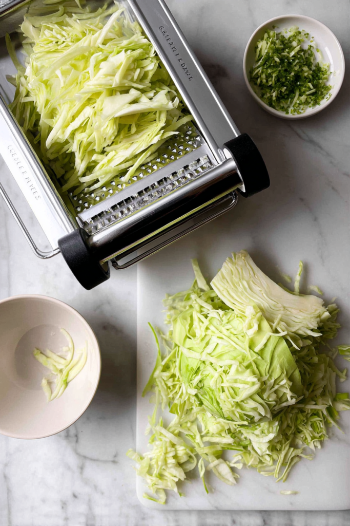 thinly-sliced-cabbage-on-mandolin-slicer-over-white-marble