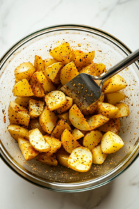 This image shows hands tossing diced potatoes in oil and seasonings, ensuring even coating before roasting.