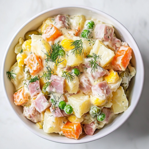 This image shows a bowl of No Onion Potato Salad resting in the fridge, allowing the flavors to meld before serving.