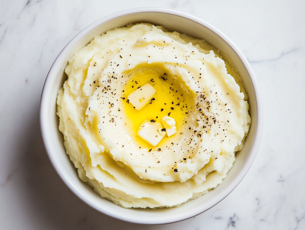 This image shows a bowl of Million Dollar Mashed Potatoes, velvety smooth and rich, topped with a pat of melting butter and a sprinkle of black pepper.