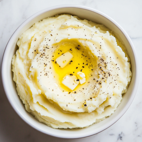 This image shows a bowl of Million Dollar Mashed Potatoes, velvety smooth and rich, topped with a pat of melting butter and a sprinkle of black pepper.