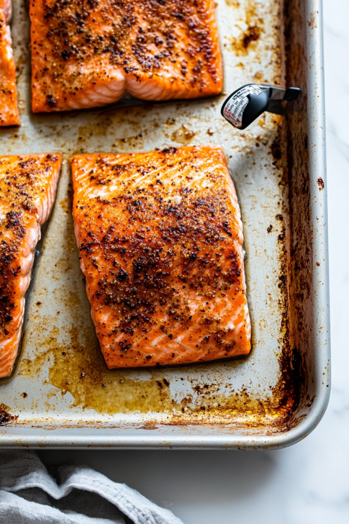 This image shows a food thermometer inserted into a salmon fillet to check its internal temperature, ensuring it is cooked to perfection.
