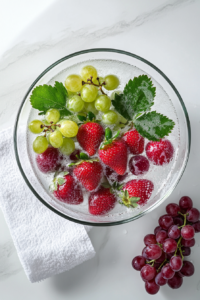 This image shows fresh strawberries and grapes being thoroughly washed in a colander under running water. Cleaning the fruit ensures the Tanghulu has a perfect, glossy finish.