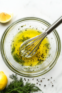This image shows a bowl of freshly whisked lemon dill dressing, ready to add a bright, zesty flavor to the avocado salmon salad.
