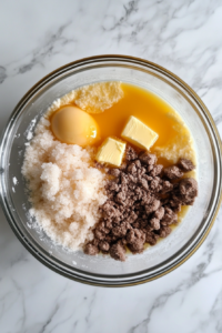 Sugar, melted butter, and vanilla being added to whisked eggs in a mixing bowl.