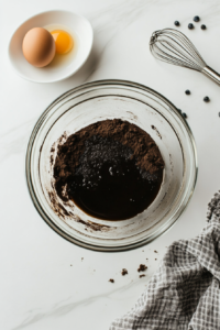 This image shows the addition of vegetable oil, an egg, vanilla extract, and milk to the dry ingredients in a glass bowl on a white marble countertop.