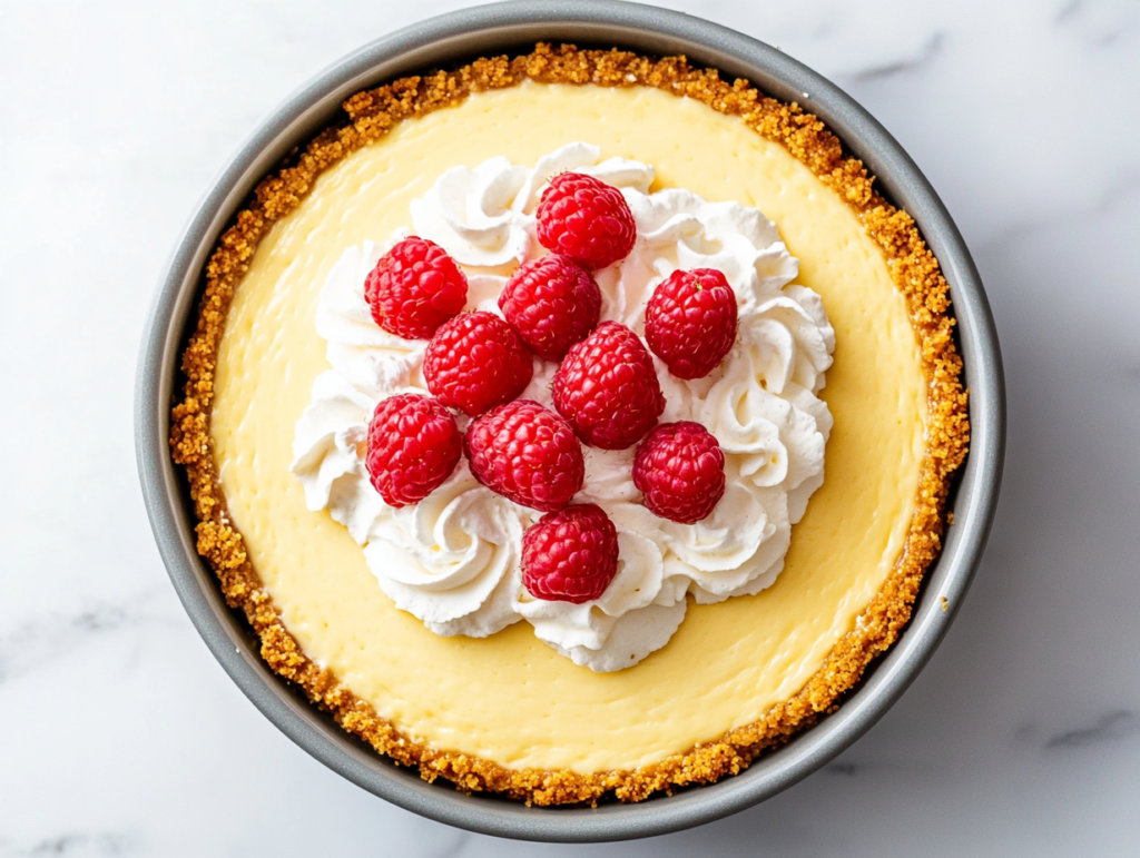 air-fryer-cheesecake-freshly-prepared-with-yellow-cream-cheese-layer-on-top-topped-with-raspberries