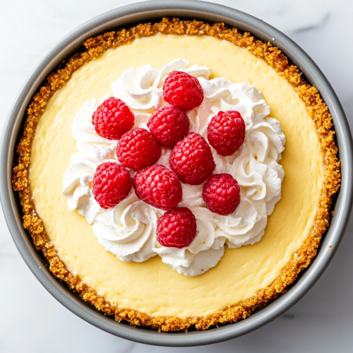 air-fryer-cheesecake-freshly-prepared-with-yellow-cream-cheese-layer-on-top-topped-with-raspberries