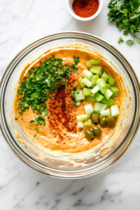 This image shows a vibrant mix of spices being sprinkled over the remoulade sauce, enhancing its flavor with a signature Southern kick.
