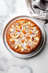 Fully baked almond apple cake resting on a cooling rack, topped with powdered sugar and almonds.