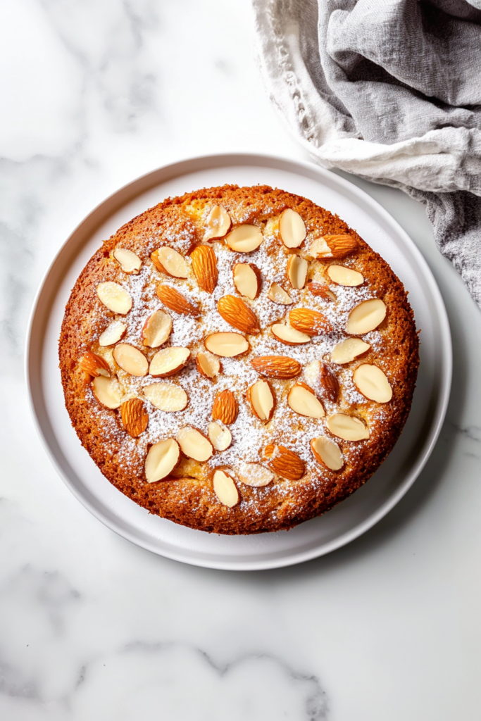 Fully baked almond apple cake resting on a cooling rack, topped with powdered sugar and almonds.