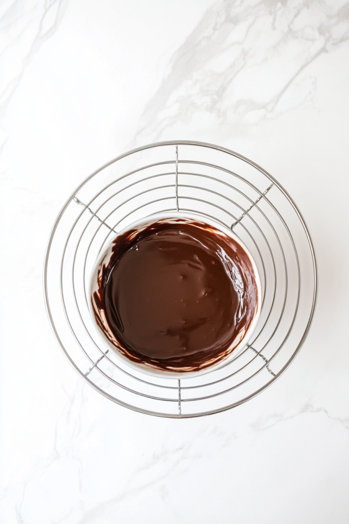 This image shows a cooled chocolate cake on a wire rack, ready to be frosted with ganache on a white marble countertop.