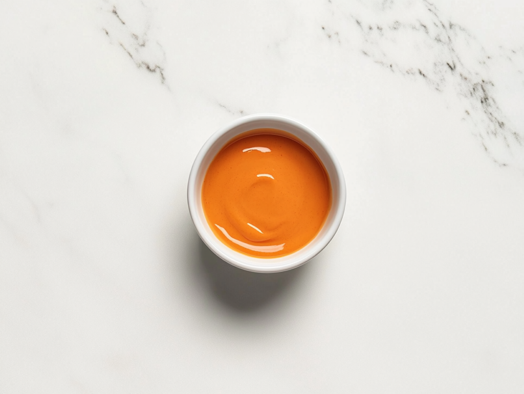 creamy-burger-sauce-with-glossy-rich-orange-hue-in-small-white-ceramic-bowl-on-marble-countertop