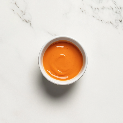 creamy-burger-sauce-with-glossy-rich-orange-hue-in-small-white-ceramic-bowl-on-marble-countertop