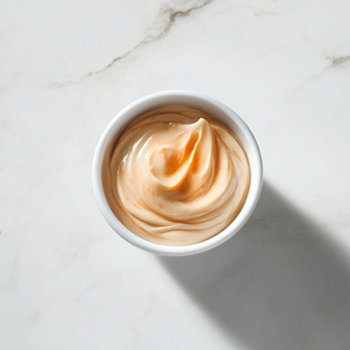creamy-spicy-mayo-for-sushi-in-white-bowl-with-light-orange-color-on-neutral-background