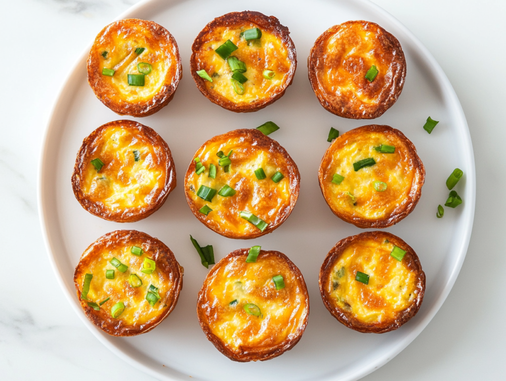 This image shows freshly baked crustless mini quiches resting on a metal wire rack, gently cooling down with steam still faintly rising, showcasing their golden brown tops and round shape.