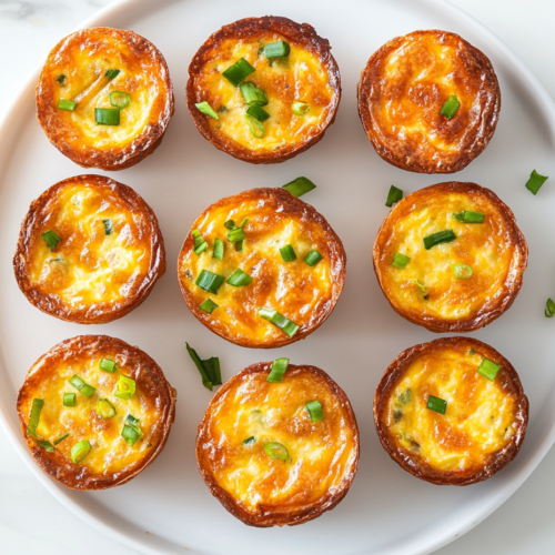 This image shows freshly baked crustless mini quiches resting on a metal wire rack, gently cooling down with steam still faintly rising, showcasing their golden brown tops and round shape.