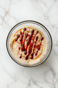 This image shows hot sauce being drizzled and seasoned pepper being sprinkled into the sauce, adding a spicy and smoky kick to the creamy blend.