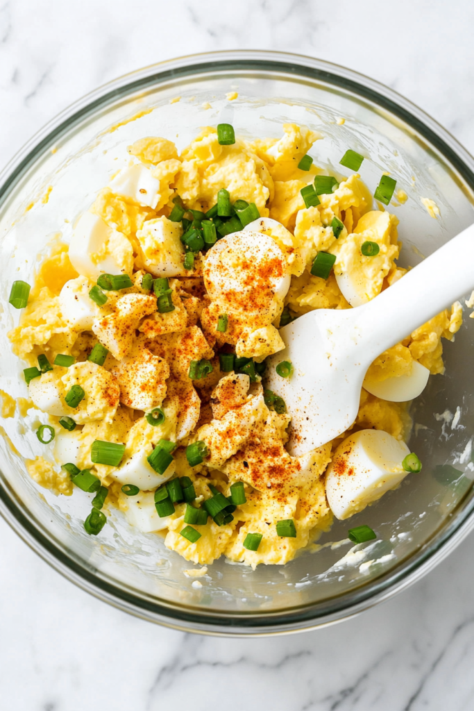 This image shows a freshly mixed egg salad, smooth and creamy with a hint of spice, presented in a bowl and ready to be served.