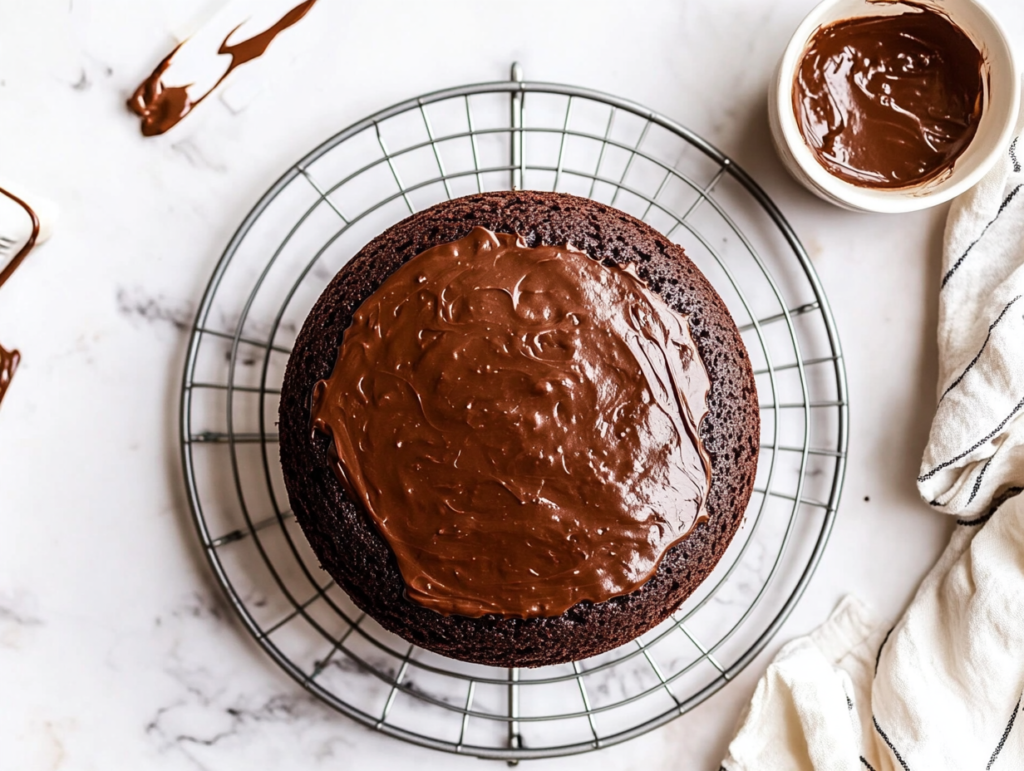 This image shows a freshly baked, fluffy chocolate cake with smooth ganache frosting, decorated with chocolate shavings, placed on a round cake stand over a clean white marble countertop with a simple background.