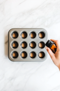 This image shows a hand holding a brush to grease the mini muffin cups inside a metal muffin tin, ensuring a smooth release after baking.
