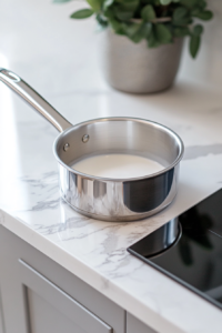 This image shows heavy cream gently heating in a small stainless steel saucepan on a white marble cooktop.
