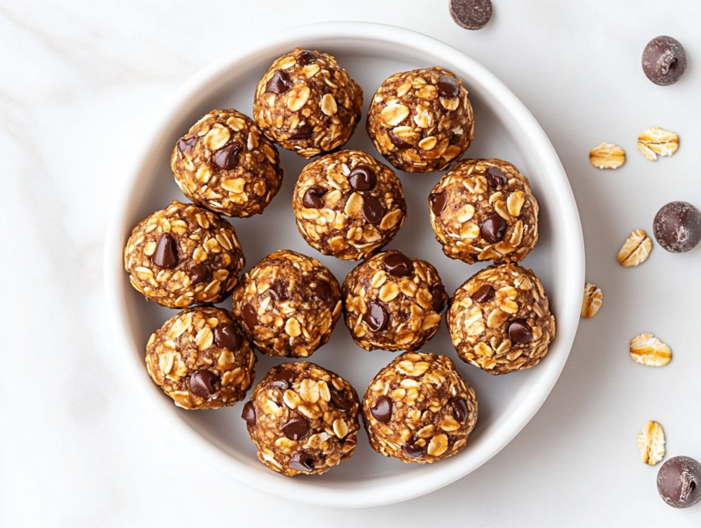 This image shows a close-up view of freshly rolled lactation energy balls, made with a wholesome blend of creamy peanut butter, golden honey, fragrant vanilla extract, and hearty oats.