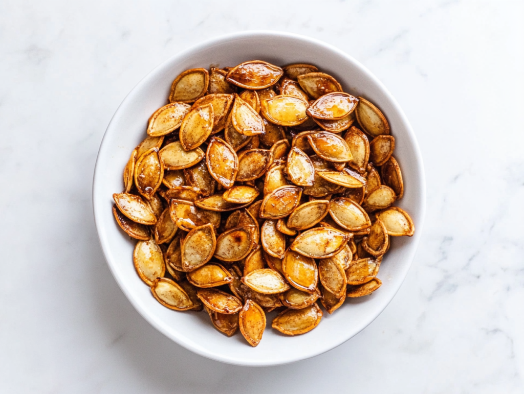 honey-roasted-pumpkin-seeds-in-a-round-white-bowl-sprinkled-with-white-sugar