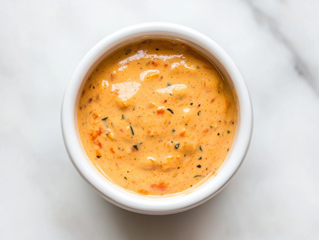 This image shows Louisiana remoulade sauce with a creamy light orange hue served in a small round white ceramic bowl, ready for dipping or spreading.
