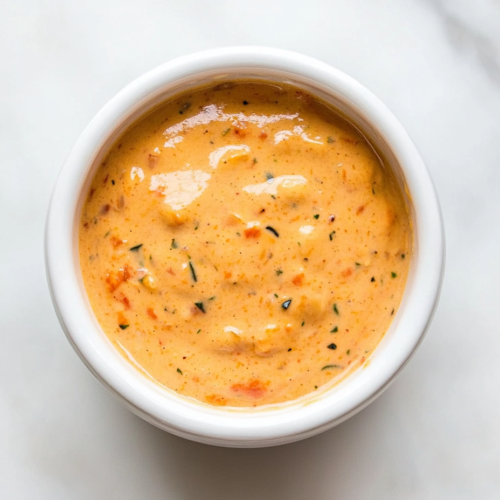 This image shows Louisiana remoulade sauce with a creamy light orange hue served in a small round white ceramic bowl, ready for dipping or spreading.