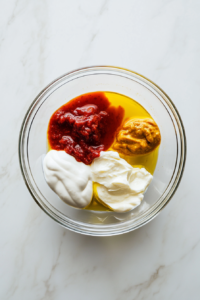 This image shows a smooth and creamy remoulade base being whisked in a bowl, creating a unified texture for the sauce.