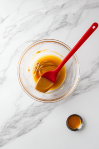 This image shows a top-down view of a mixing bowl filled with creamy peanut butter, golden honey, and fragrant vanilla extract being stirred together with a spatula, creating a smooth and luscious base for lactation energy balls.
