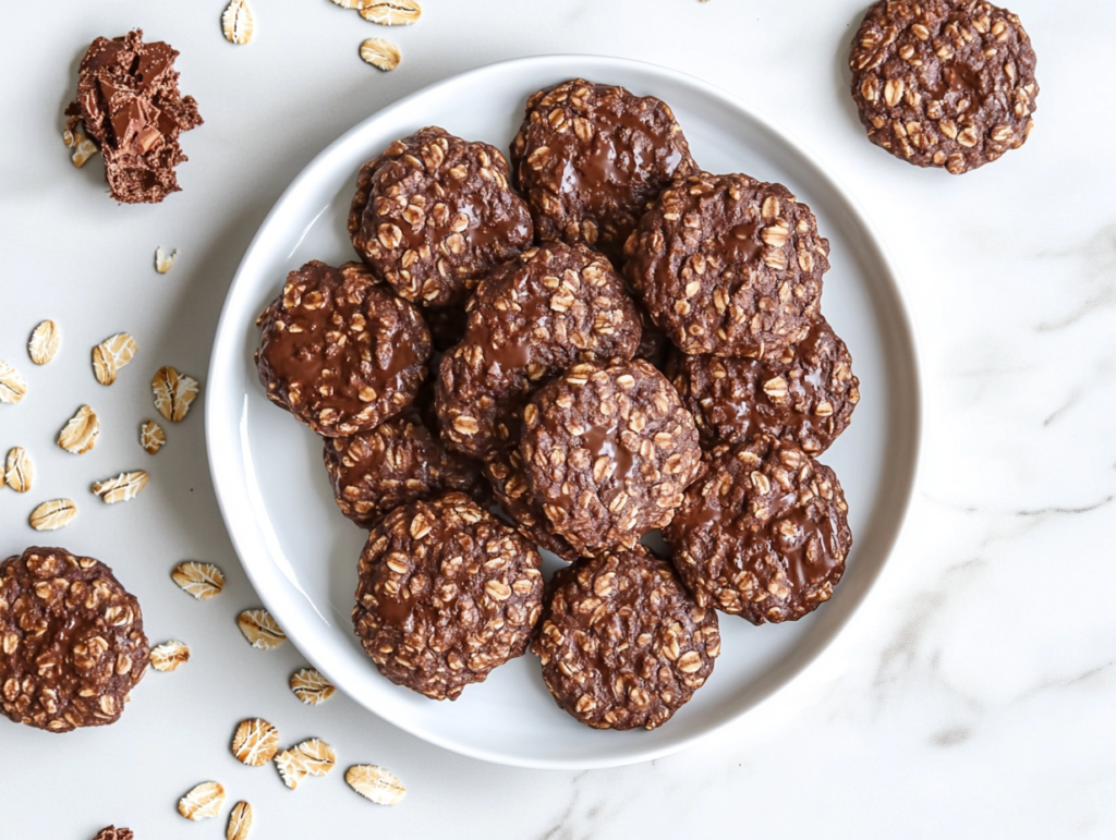 This image shows a plate of round, no-bake chocolate oatmeal cookies with visible oats infused throughout, creating a rustic and textured appearance. The cookies are arranged on a simple white plate, highlighting their rich chocolatey color and homemade charm.