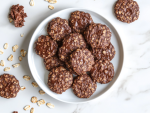 This image shows a plate of round, no-bake chocolate oatmeal cookies with visible oats infused throughout, creating a rustic and textured appearance. The cookies are arranged on a simple white plate, highlighting their rich chocolatey color and homemade charm.