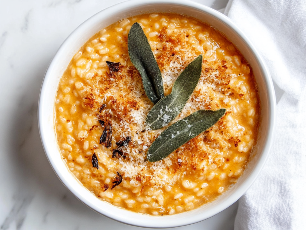 pumpkin-risotto-in-a-round-white-bowl-light-orange-in-colour-topped-with-fresh-green-herbs
