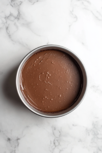 This image shows the cake pan filled with chocolate cake batter, ready for baking on a clean white marble countertop.