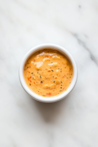 This image shows a bowl of remoulade sauce covered and set in the refrigerator to chill, allowing the flavors to meld before serving.