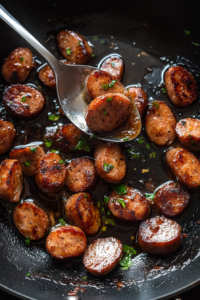 This image shows sausage pieces sizzling in a skillet, browning nicely with a slight crisp on the edges, releasing flavorful oils as they cook.