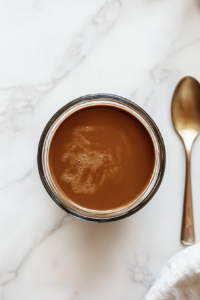 This image shows smooth, glossy chocolate cake batter in a glass bowl after being whisked on a white marble countertop.