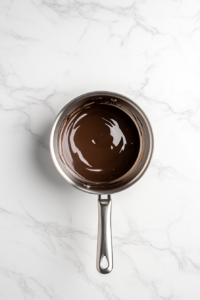 This image shows a small saucepan with smooth and glossy chocolate ganache on a white marble cooktop after stirring.