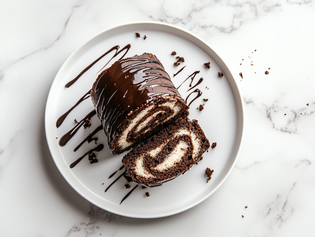 This image shows a sliced chocolate cake roll placed neatly on a white ceramic plate over a white marble countertop, with rich chocolate sponge and whipped cream swirls.
