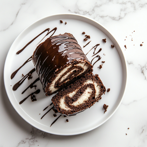 This image shows a sliced chocolate cake roll placed neatly on a white ceramic plate over a white marble countertop, with rich chocolate sponge and whipped cream swirls.