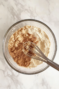 Large glass bowl with flour and other dry ingredients being whisked together on a kitchen counter.