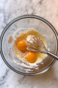 This image shows eggs being whisked in a clear glass bowl with a metal whisk, the yolks and whites blending into a smooth, golden mixture in preparation for baking the mini quiches.