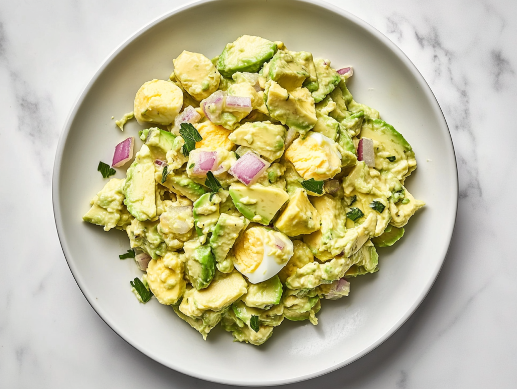This image shows a creamy avocado and egg salad neatly presented on a white round plate, garnished with chopped onions for a fresh, zesty touch.