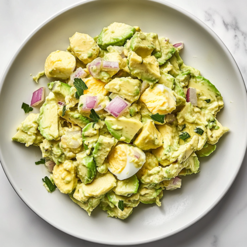 This image shows a creamy avocado and egg salad neatly presented on a white round plate, garnished with chopped onions for a fresh, zesty touch.