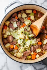 adding-chopped-cabbage-to-partially-cooked-irish-stew-in-dutch-oven