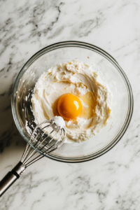 This image shows eggs being added one at a time to the cheesecake mixture and mixed until just combined.